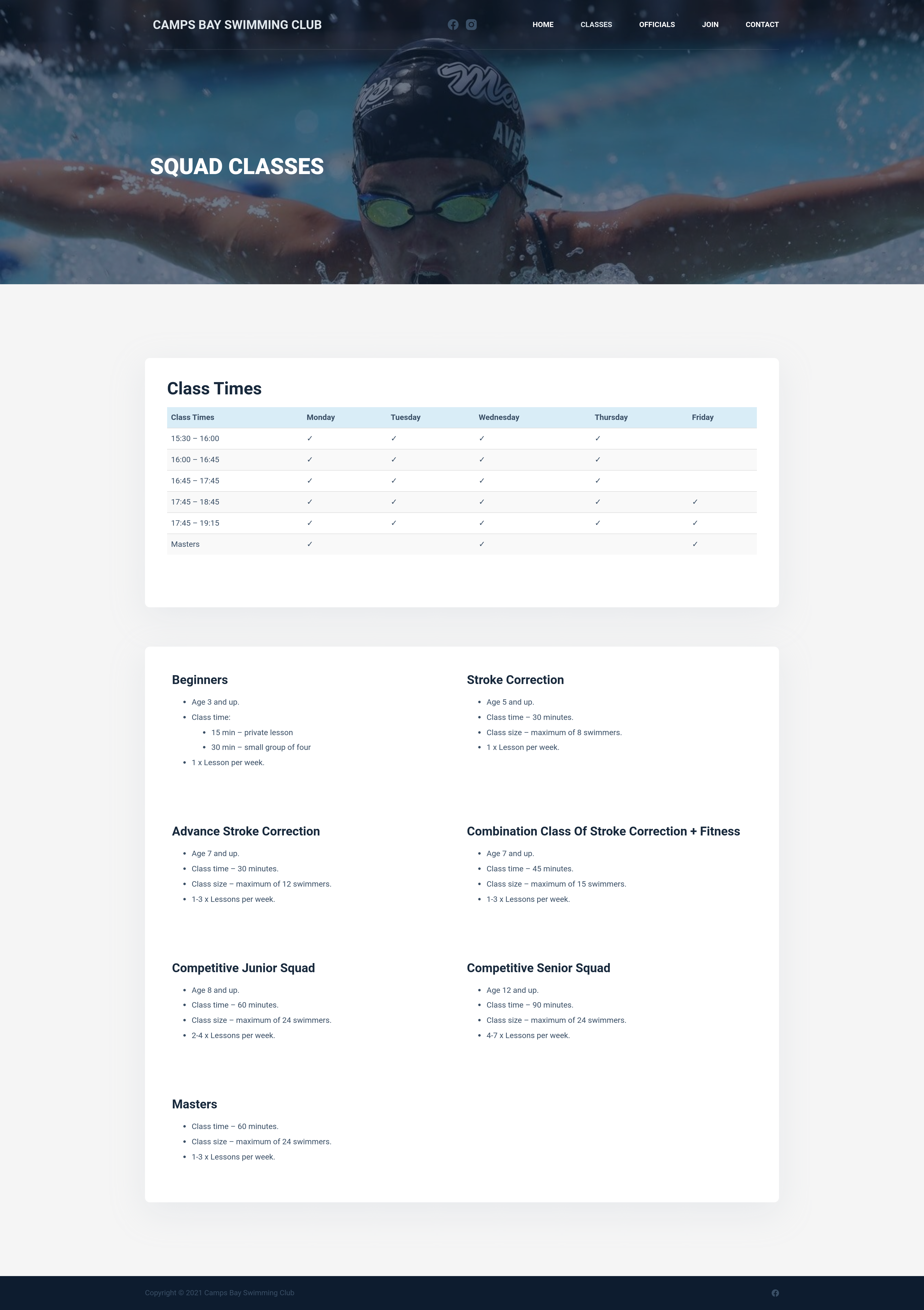 Camps Bay Swimming Club Classes Page