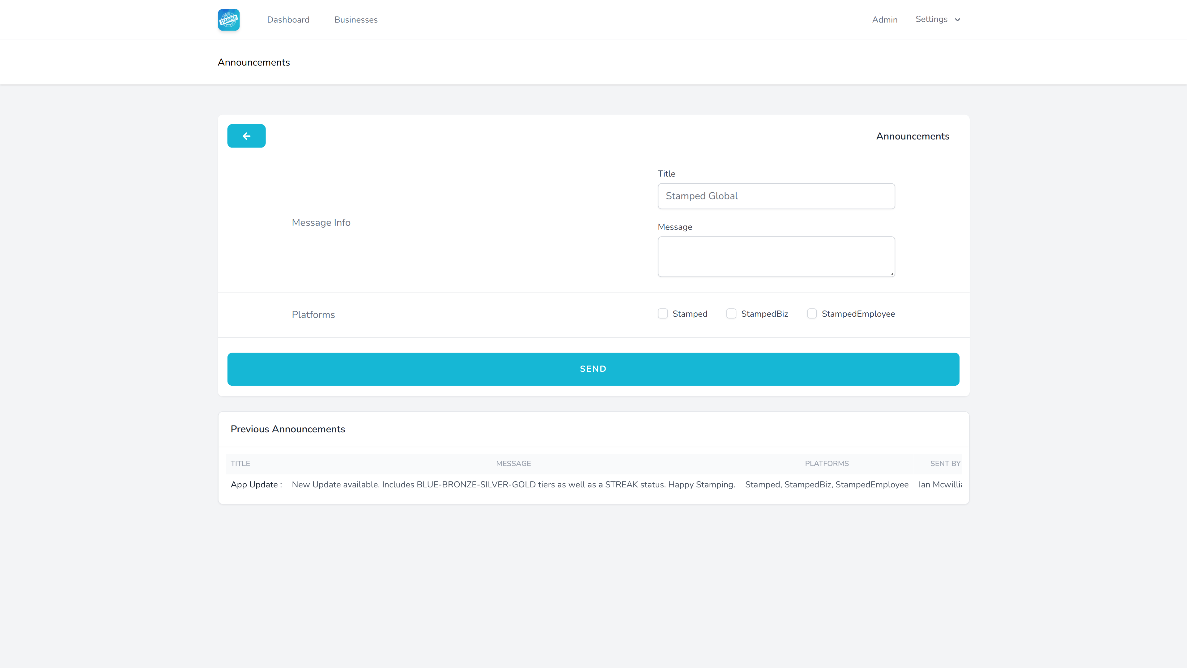StampedBiz CMS Announcements